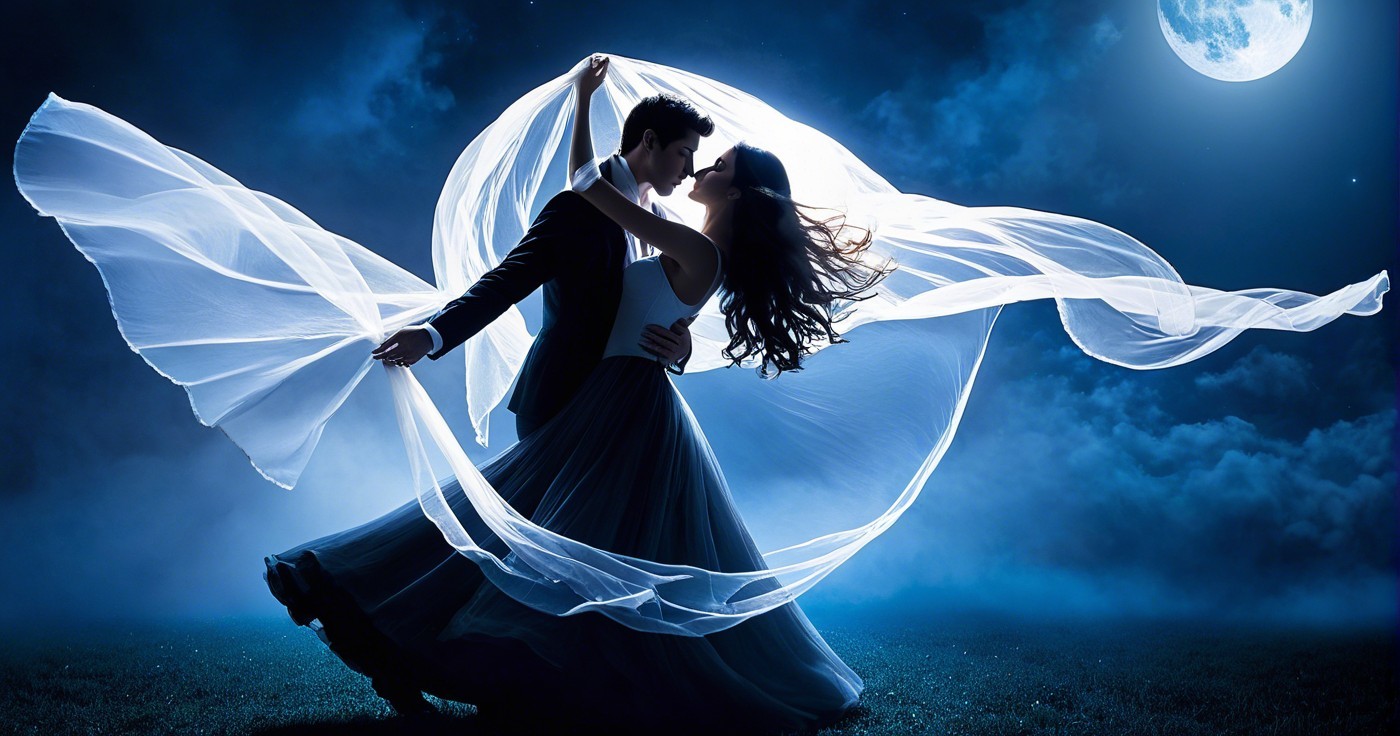 Couple Dancing Under Moonlight with Flowing Fabric
