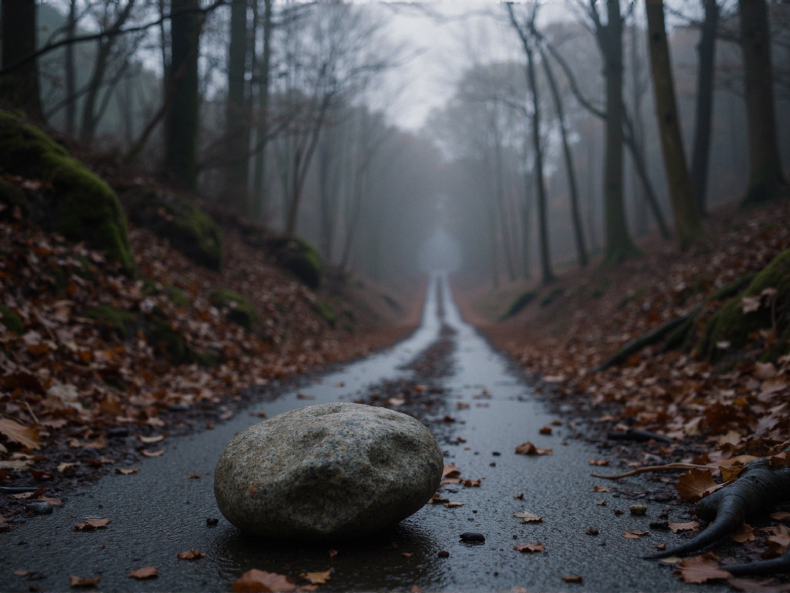 Misty Forest Scene with Winding Leaf-Strewn Path