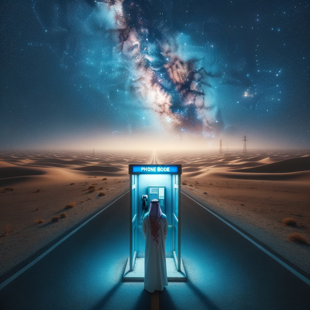 Person in traditional attire in a cosmic phone booth