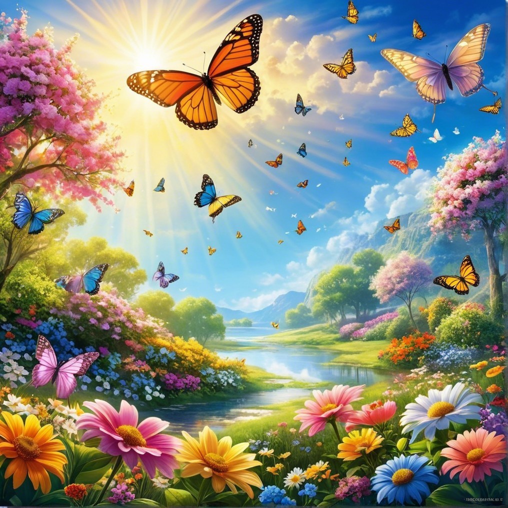 Vibrant Sunny Landscape with River and Colorful Flowers