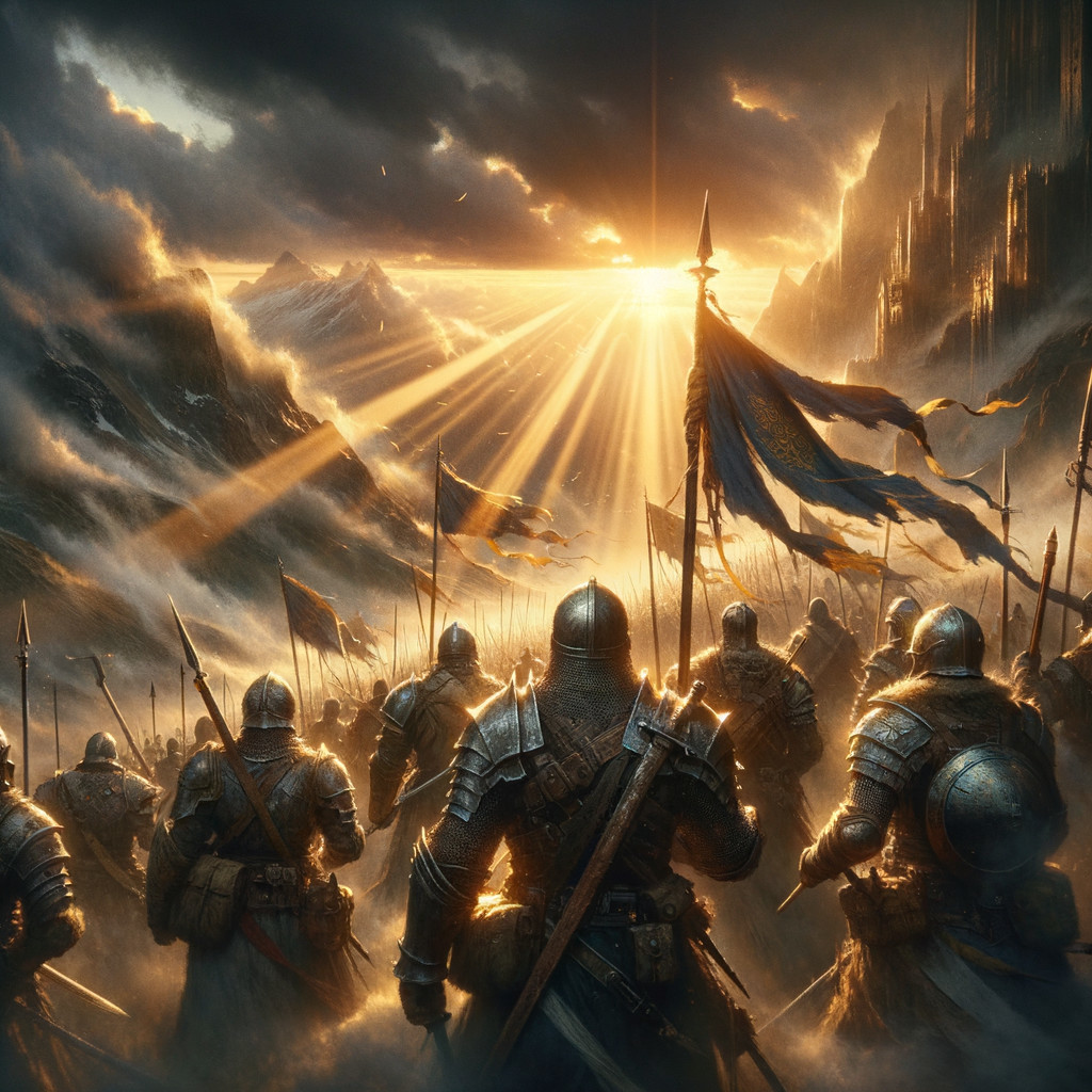 Armored Knights in Formation at Sunset Landscape