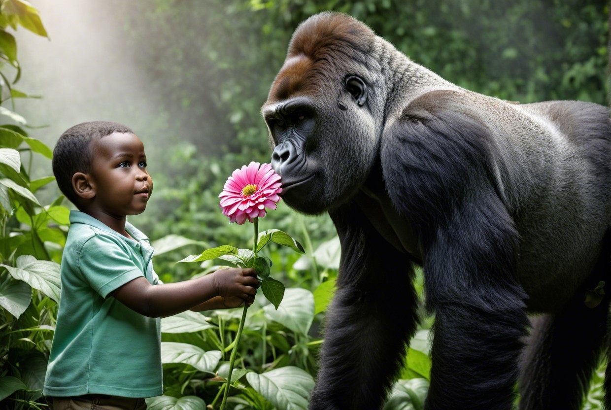Young Boy Offers Flower to Gorilla in Green Setting