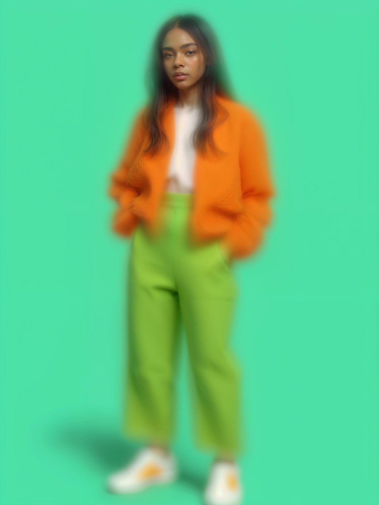 Young woman in oversized jacket and vibrant outfit