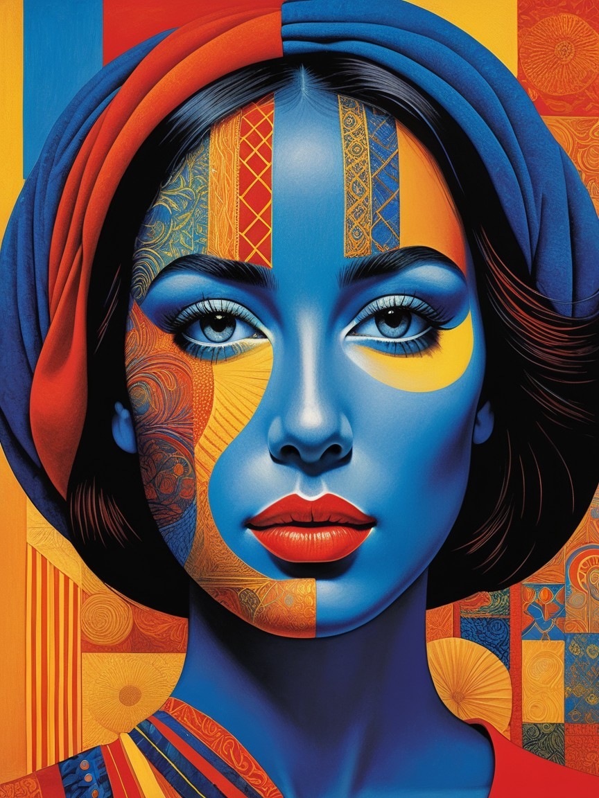 Vibrant Portrait of Woman with Blue Skin and Patterns