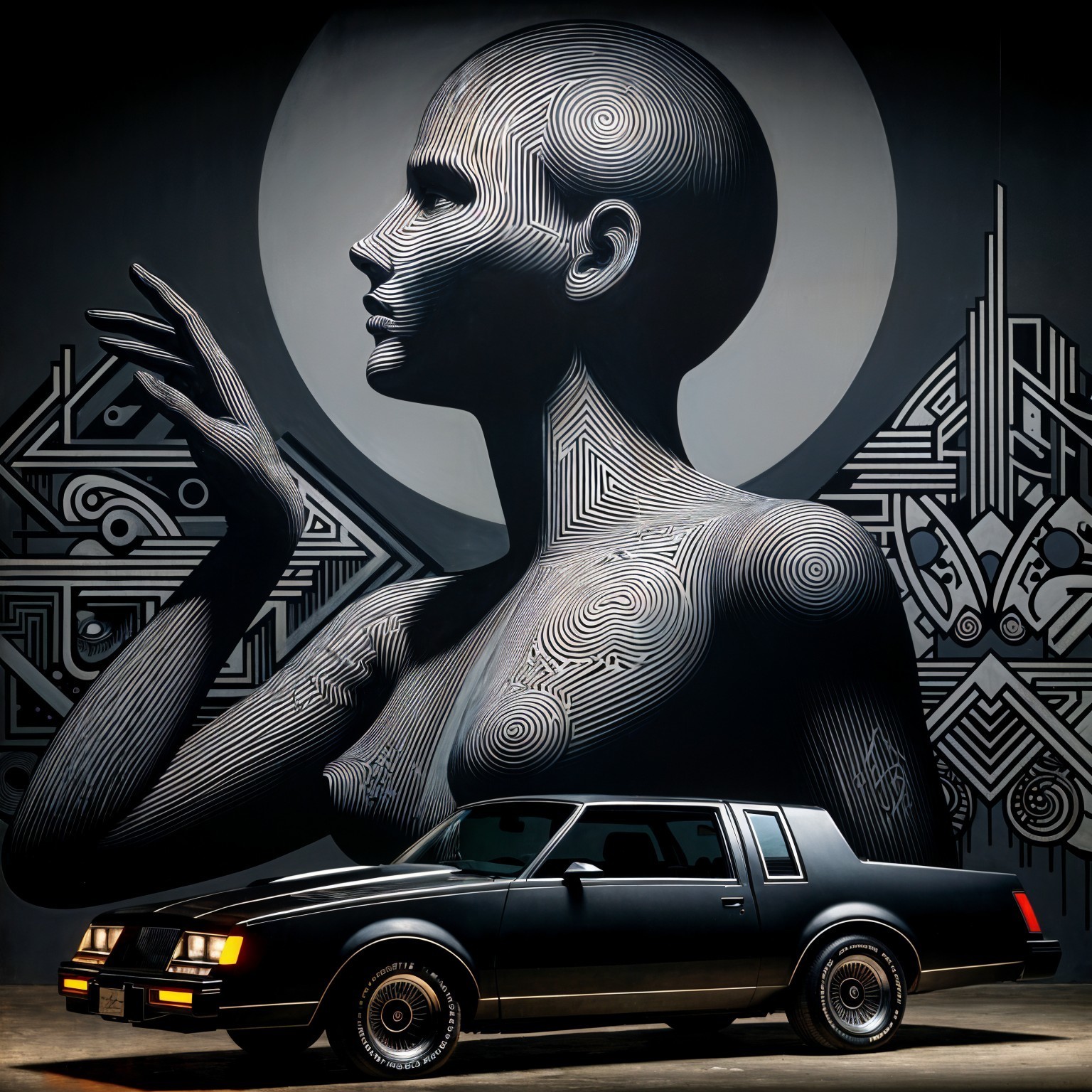 Classic Car and Mural with Stylized Female Figure