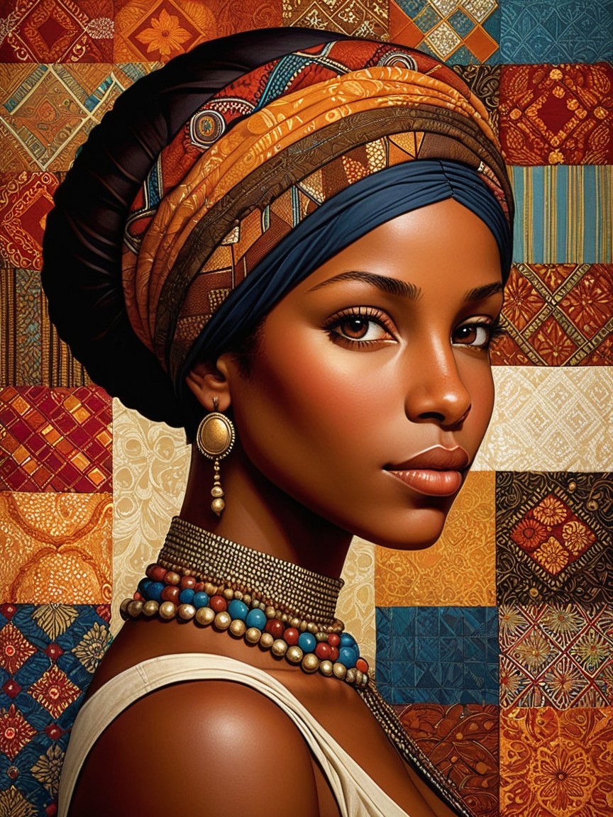 Portrait of a woman in vibrant headwraps and jewelry