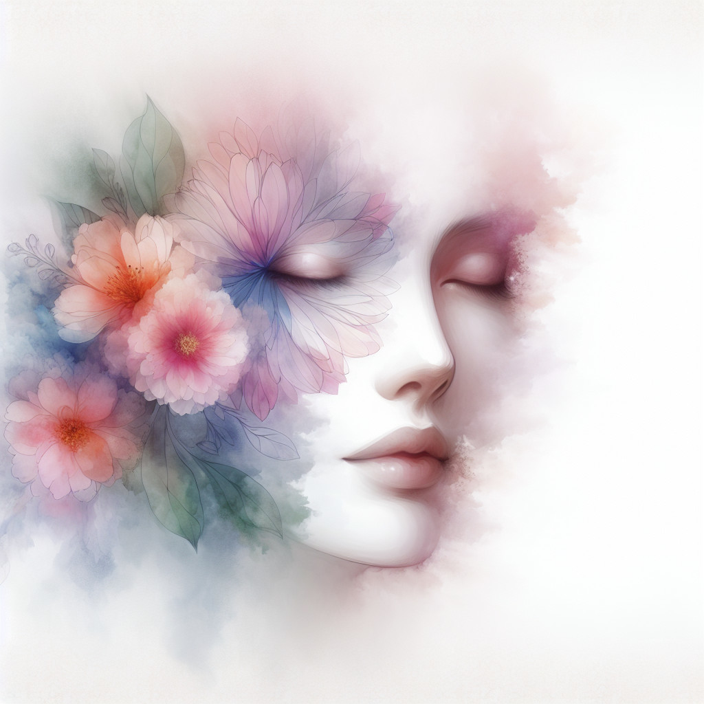 Ethereal face with pastel hues and delicate flowers