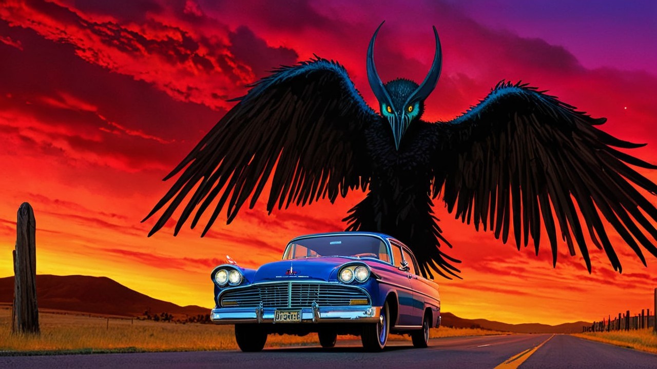 Vintage Blue Car Under Sunset with Mythical Owl