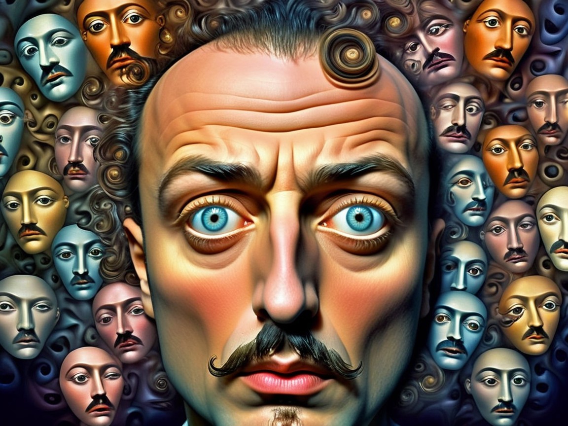 Surreal Composition with Central Figure and Faces