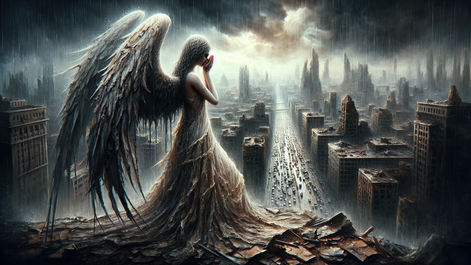 Angel in Tattered Wings Over Desolate Cityscape