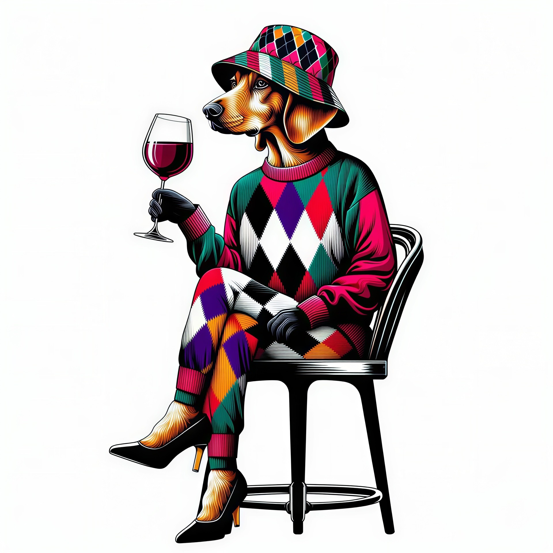 Anthropomorphic dog in colorful argyle outfit and hat