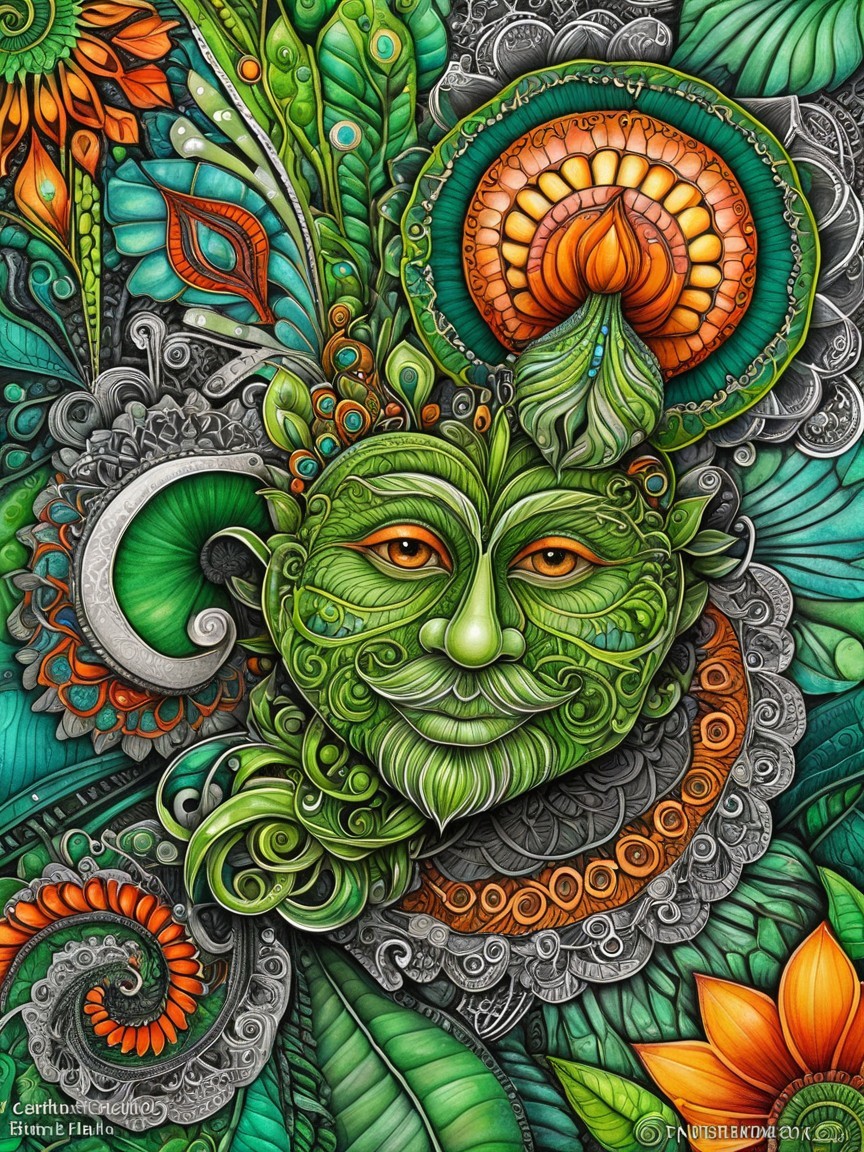 Intricate Illustration of a Green Face with Nature Elements