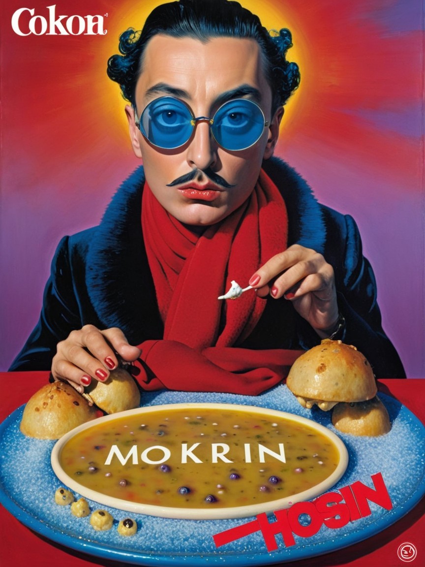 Stylized Man with Mustache and Colorful Soup Bowl