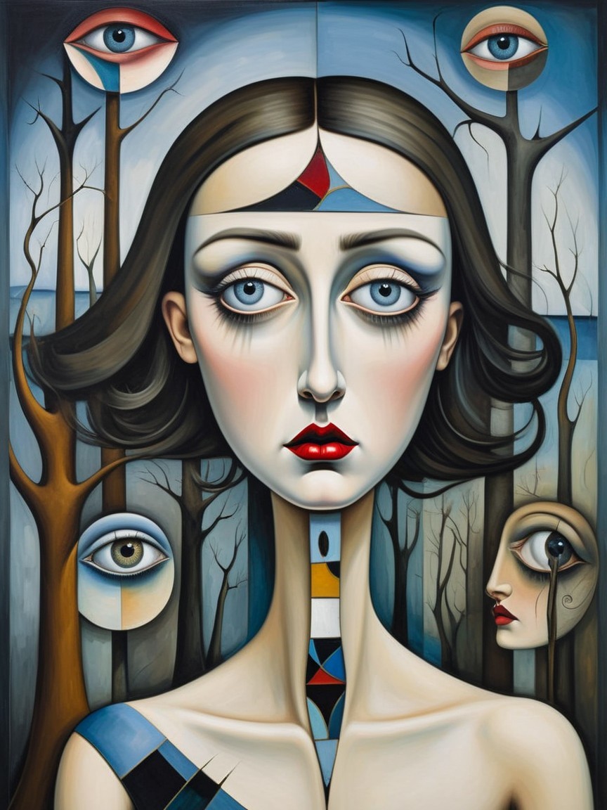 Stylized Female Figure with Abstract Background Elements