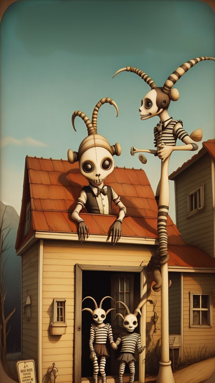 Whimsical Scene with Skeletal Characters in Striped Outfits