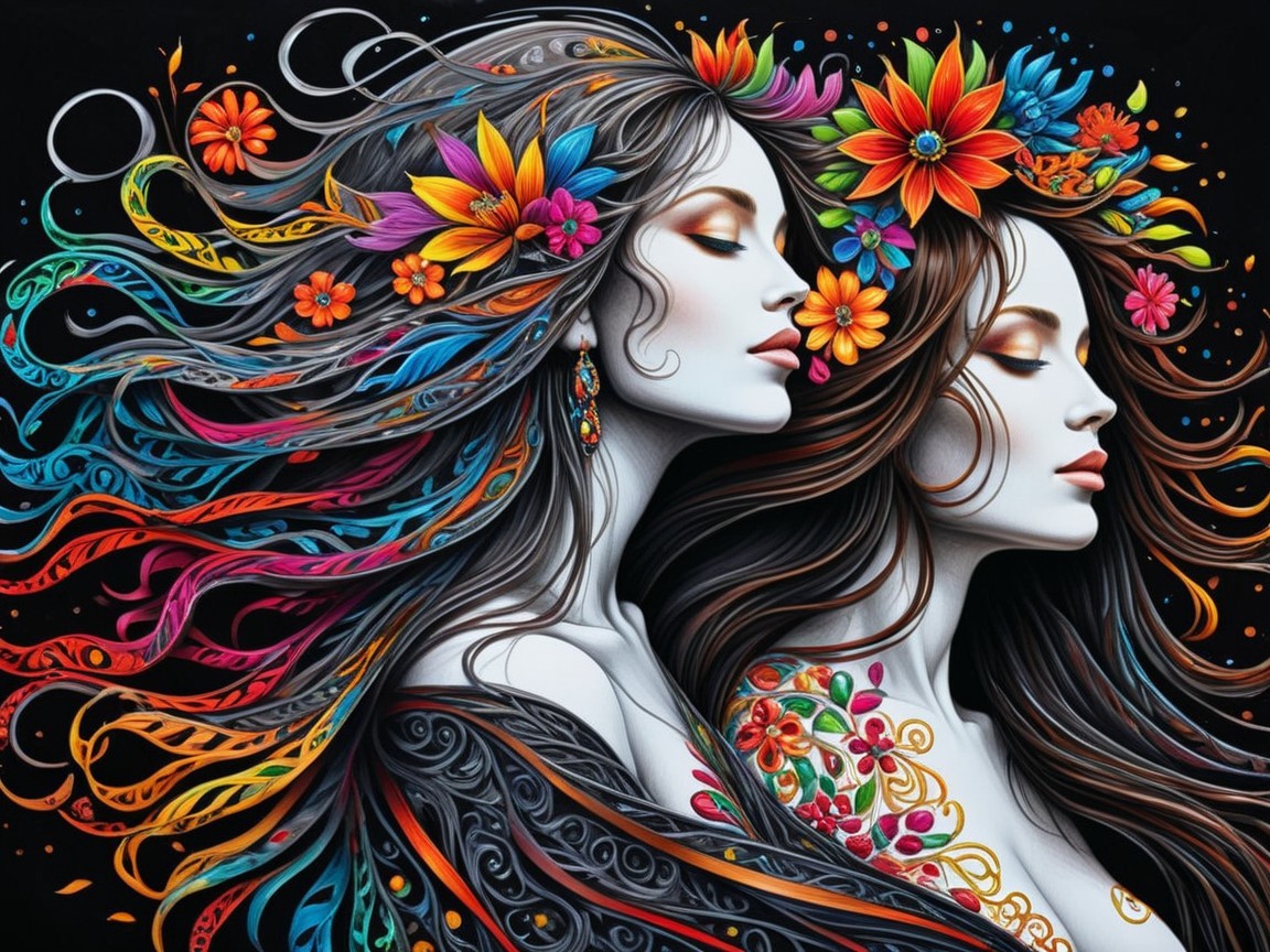 Intertwined Profiles of Women with Floral Patterns