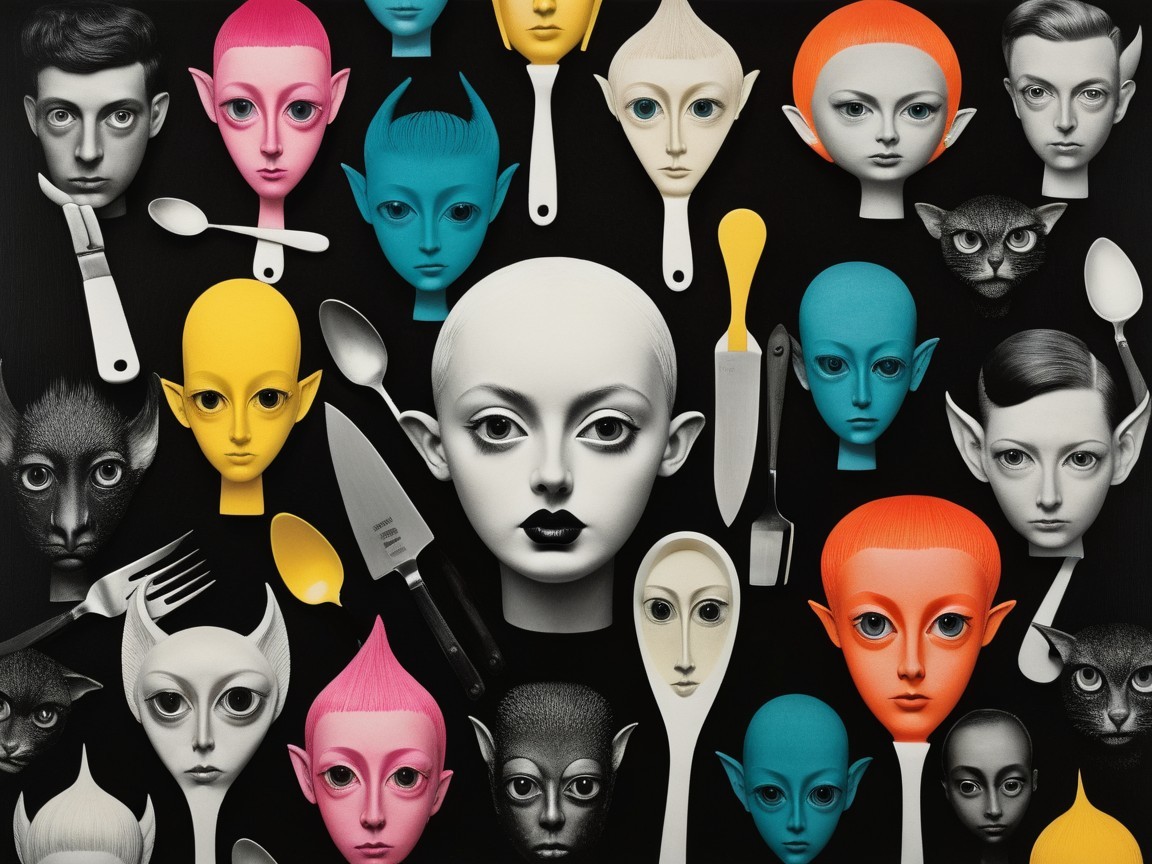 Colorful Stylized Faces and Kitchen Utensils Artwork