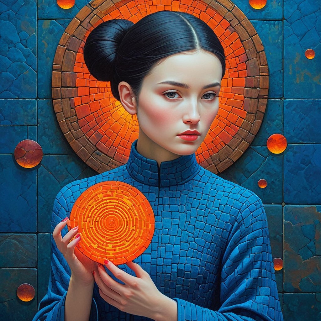 Young woman in blue garment with orange orb backdrop