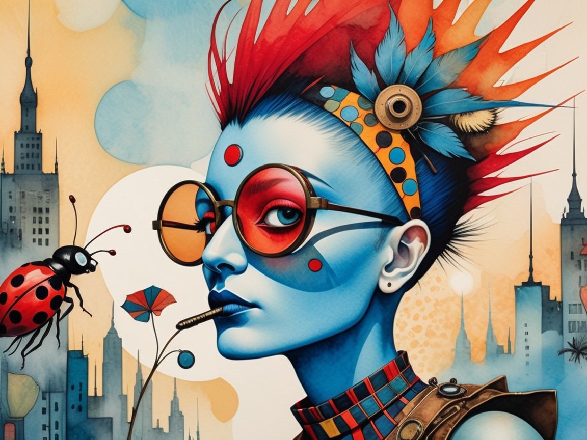 Portrait of a Woman with Blue Skin and Cityscape