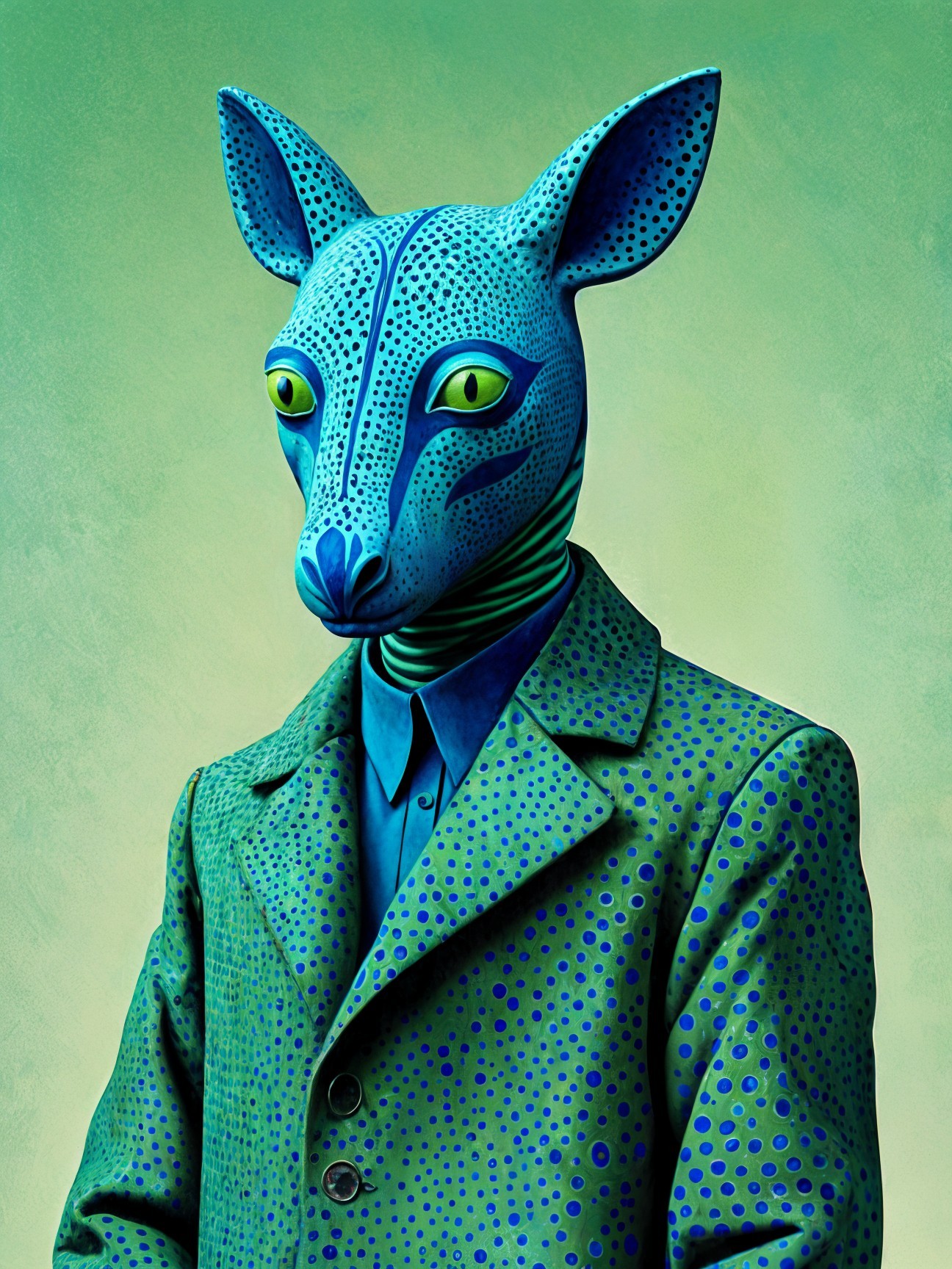 Surreal Figure in Polka Dot Suit with Animal Head