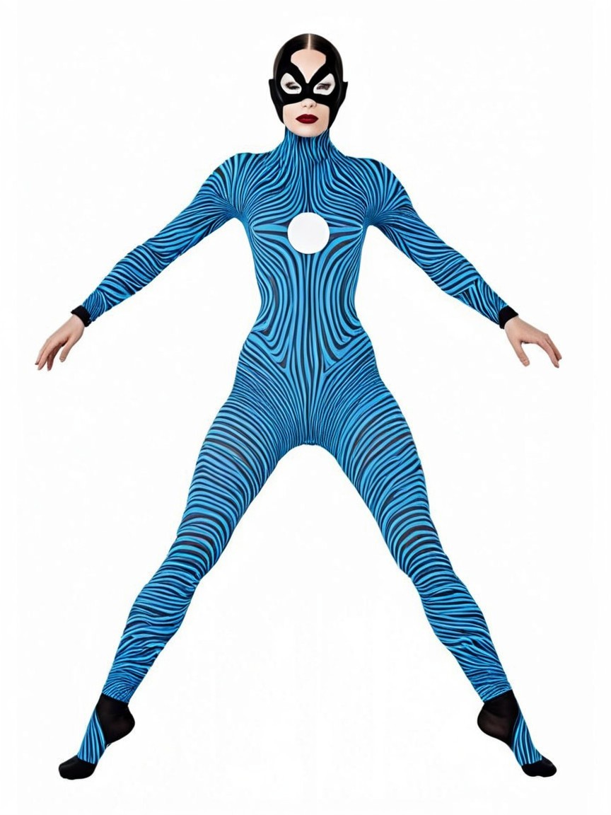 Dynamic Figure in Blue Bodysuit with Striped Pattern