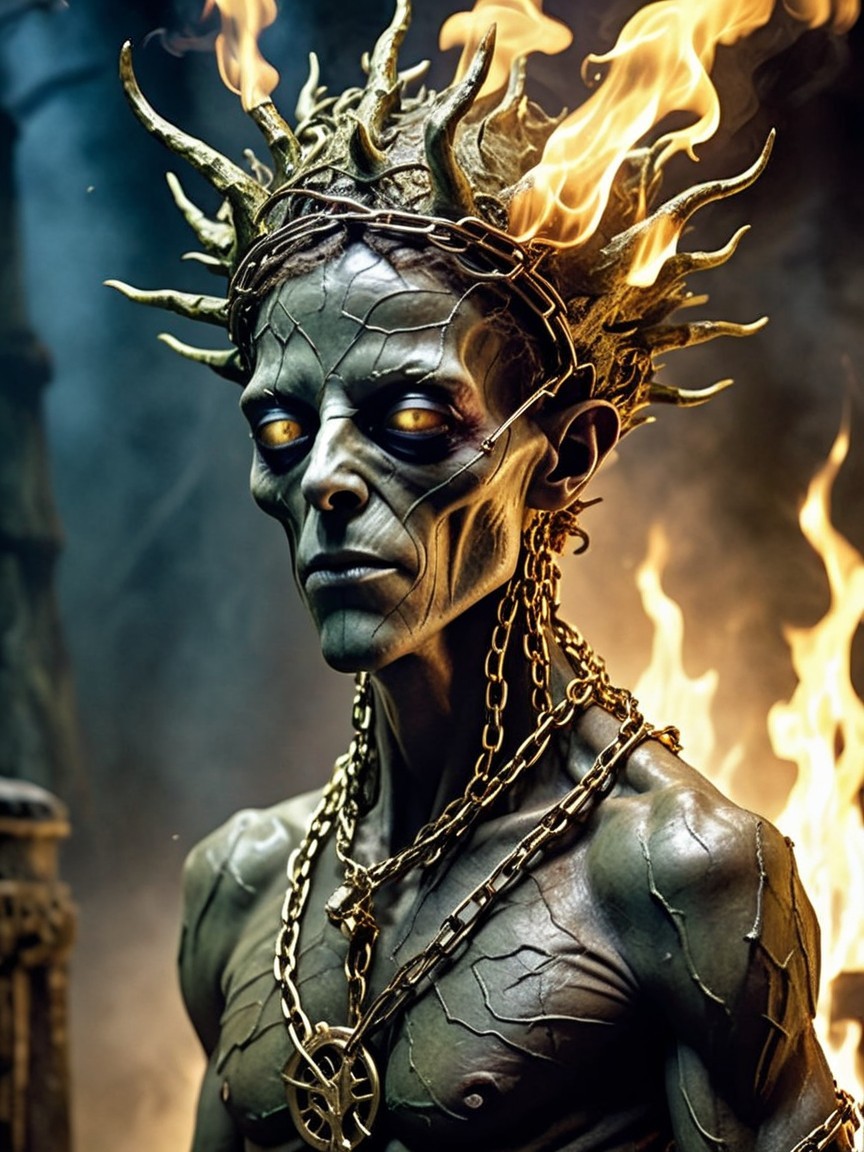 Haunting Figure with Skeletal Face and Thorny Headdress