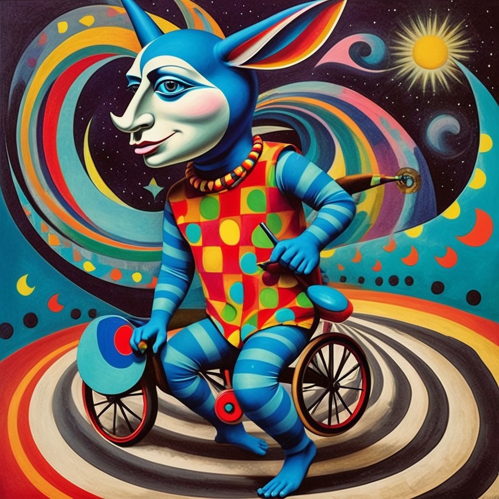 Surreal Artwork of Blue Figure on Tricycle with Palette
