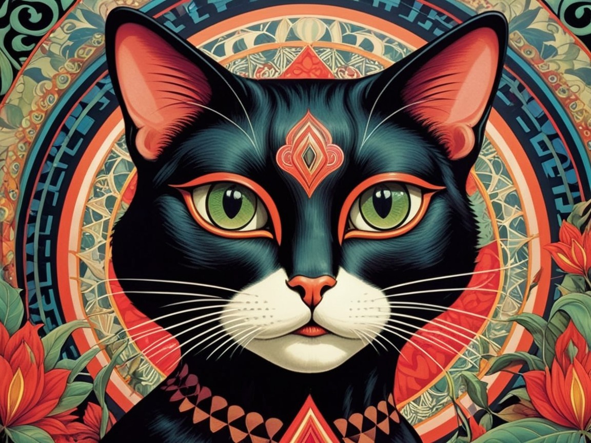 Illustration of a black cat with green eyes and patterns