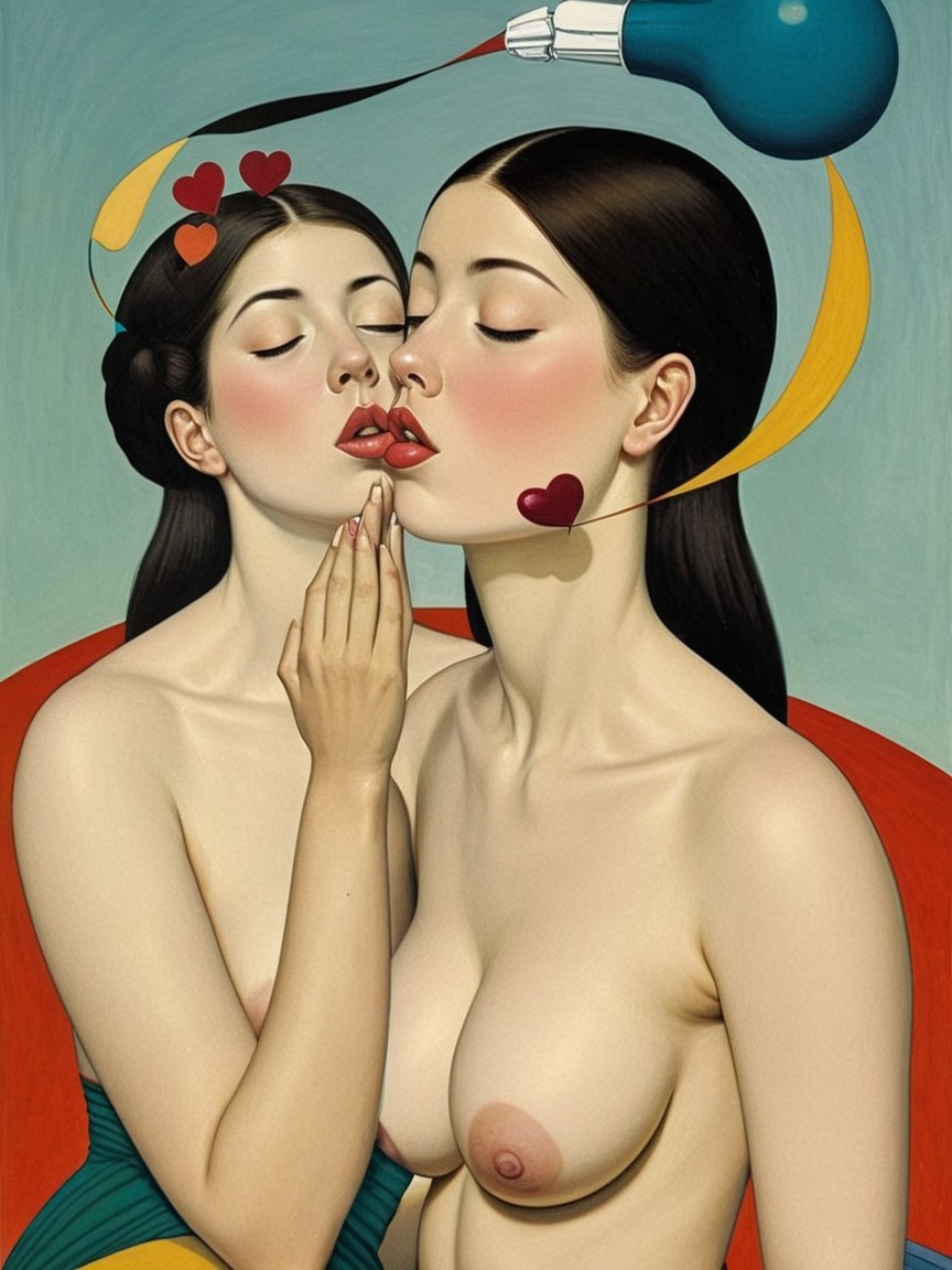 Stylized Female Figures Sharing an Intimate Moment