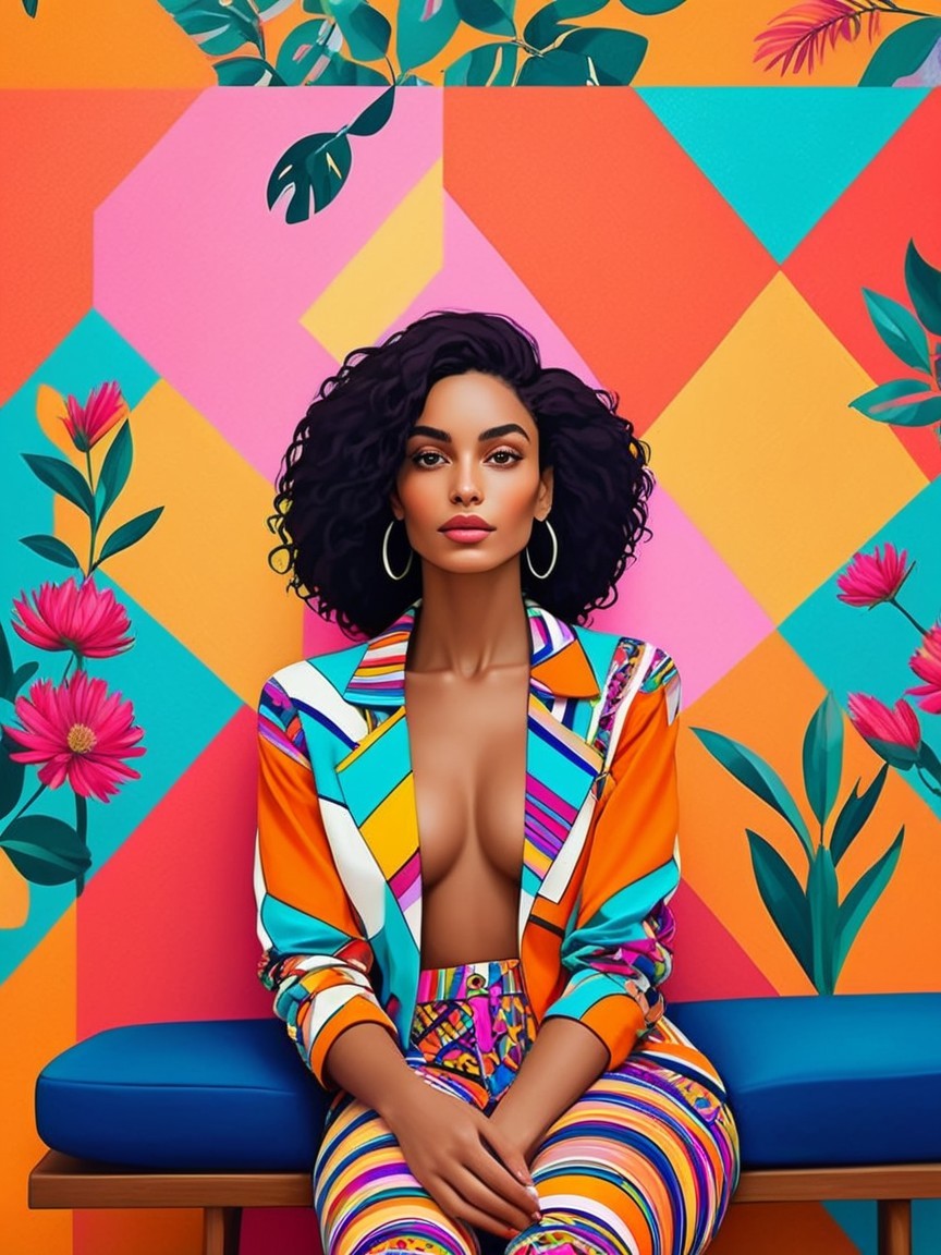 Confident Woman in Colorful Geometric Setting