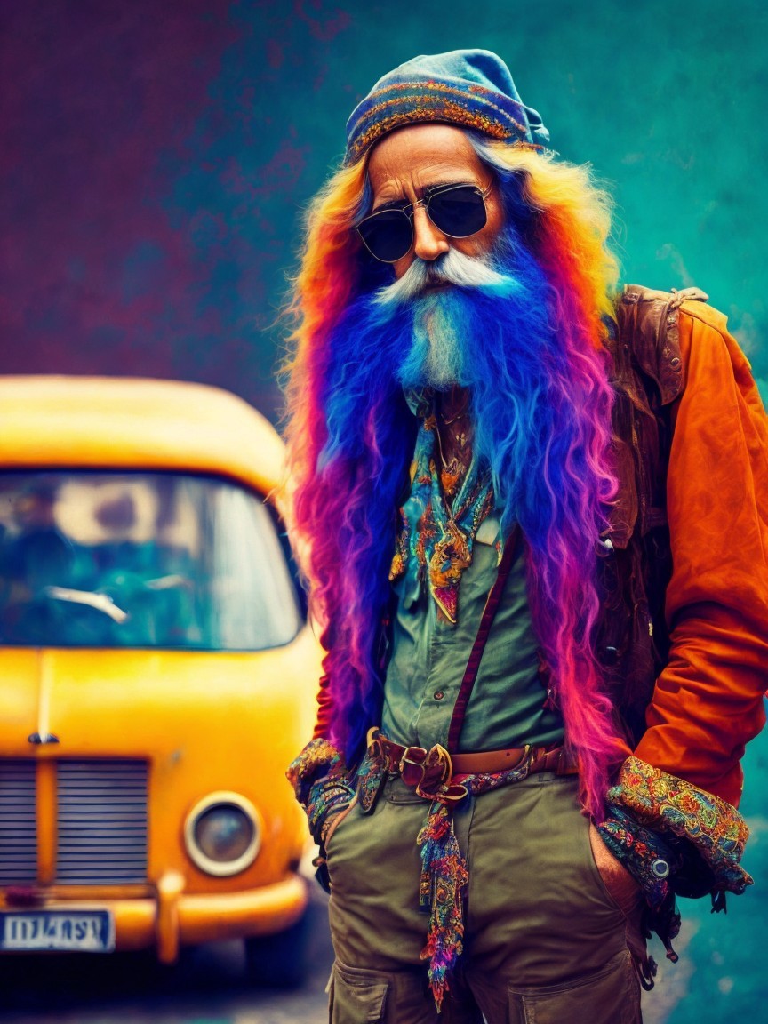 Vibrant Figure with Multicolored Hair and Retro Vehicle