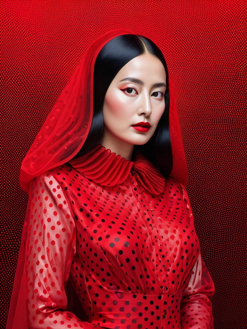 Vibrant Red Polka Dot Outfit with Dramatic Background
