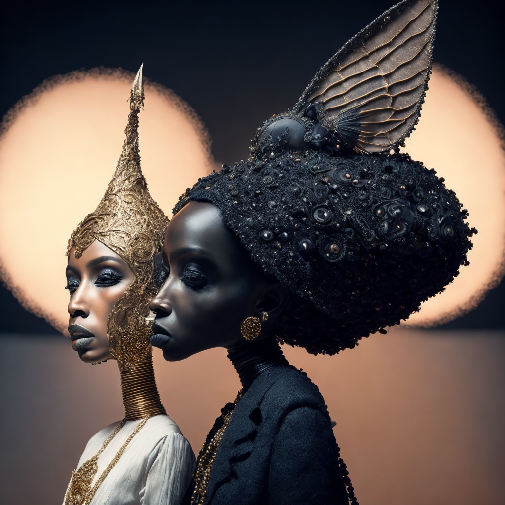 Elegant Women with Intricate Headpieces in Soft Focus