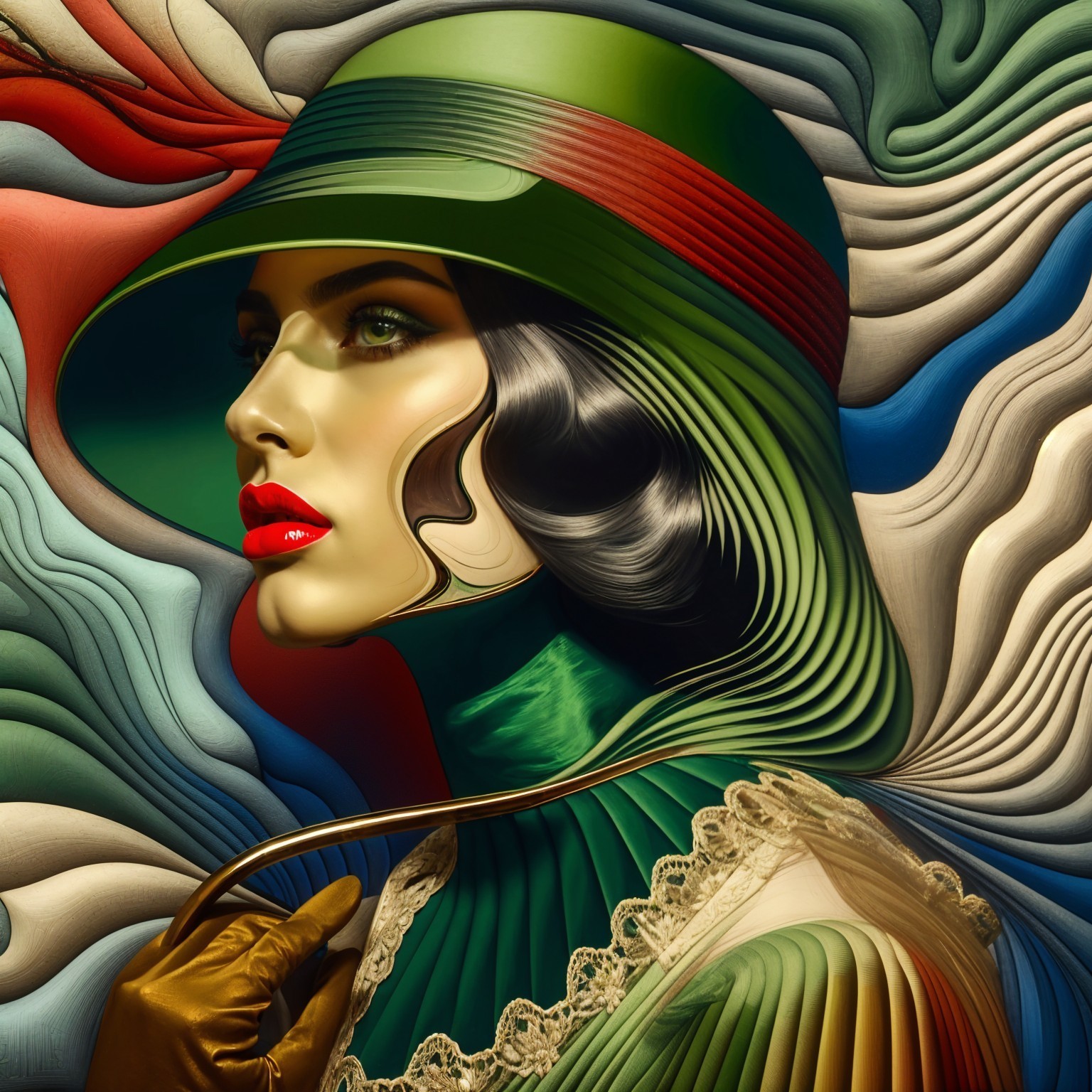 Stylized Portrait of a Woman with Green Hat and Blouse