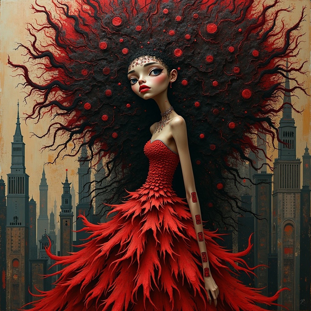 Porcelain Doll Character with Red Dress and City Background