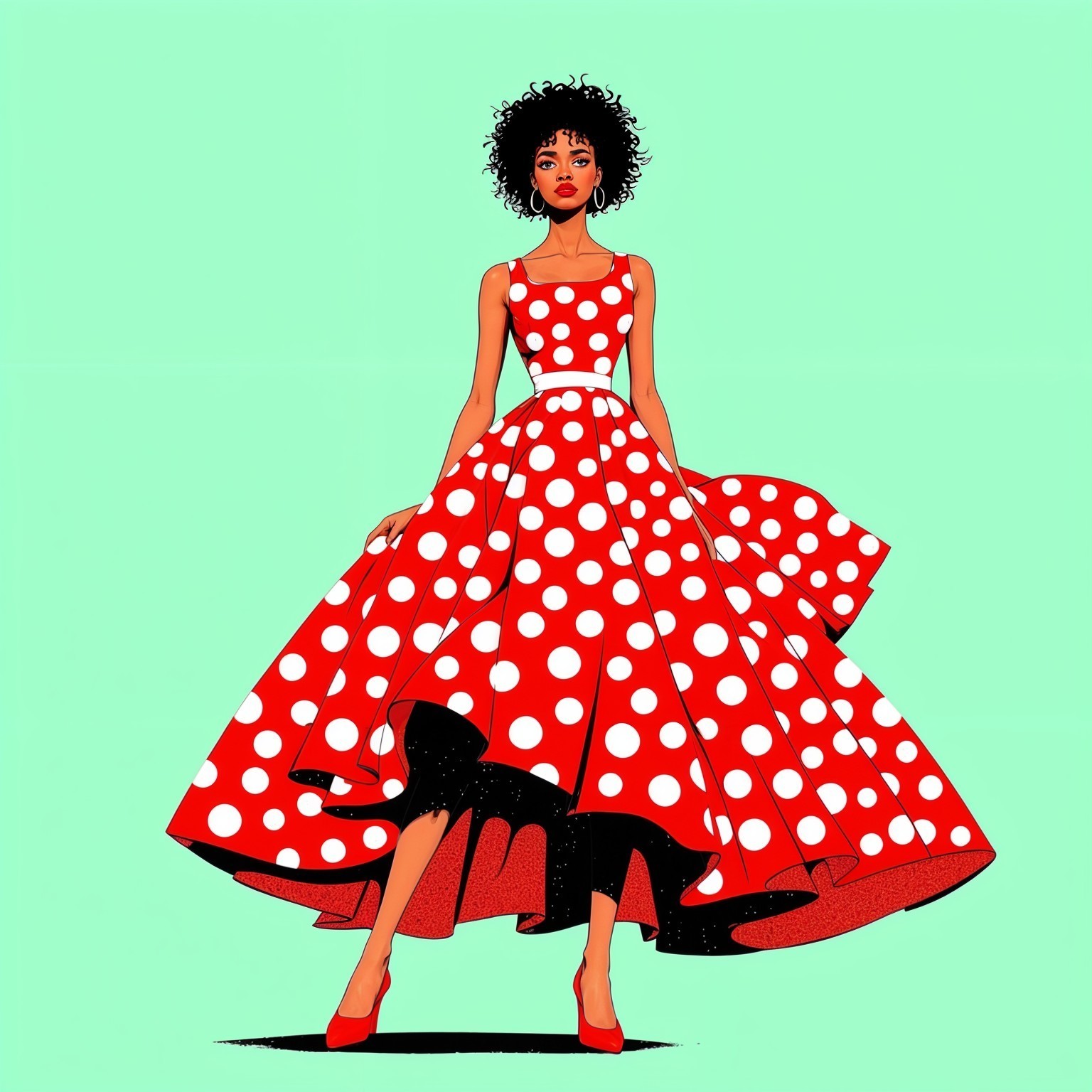 Fashionable woman in red polka dot dress with heels