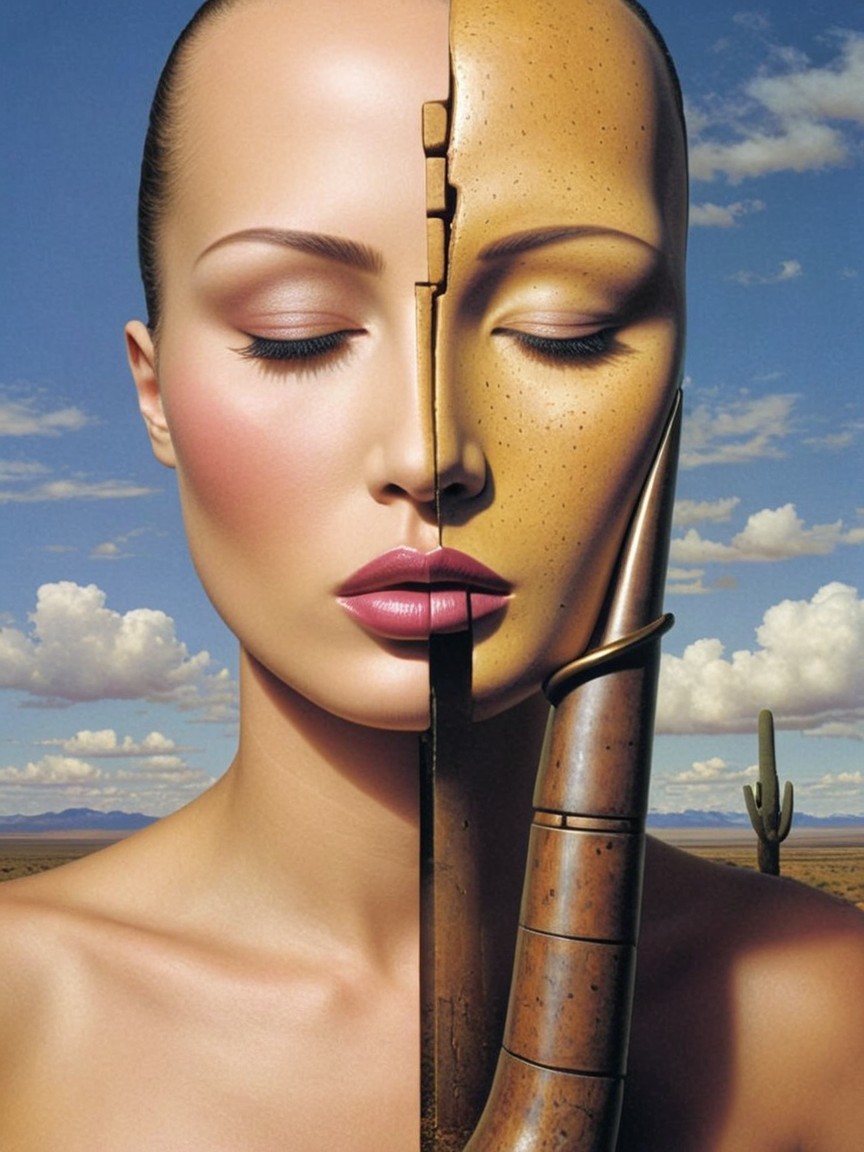 Split Face of Woman and Robot in Desert Landscape