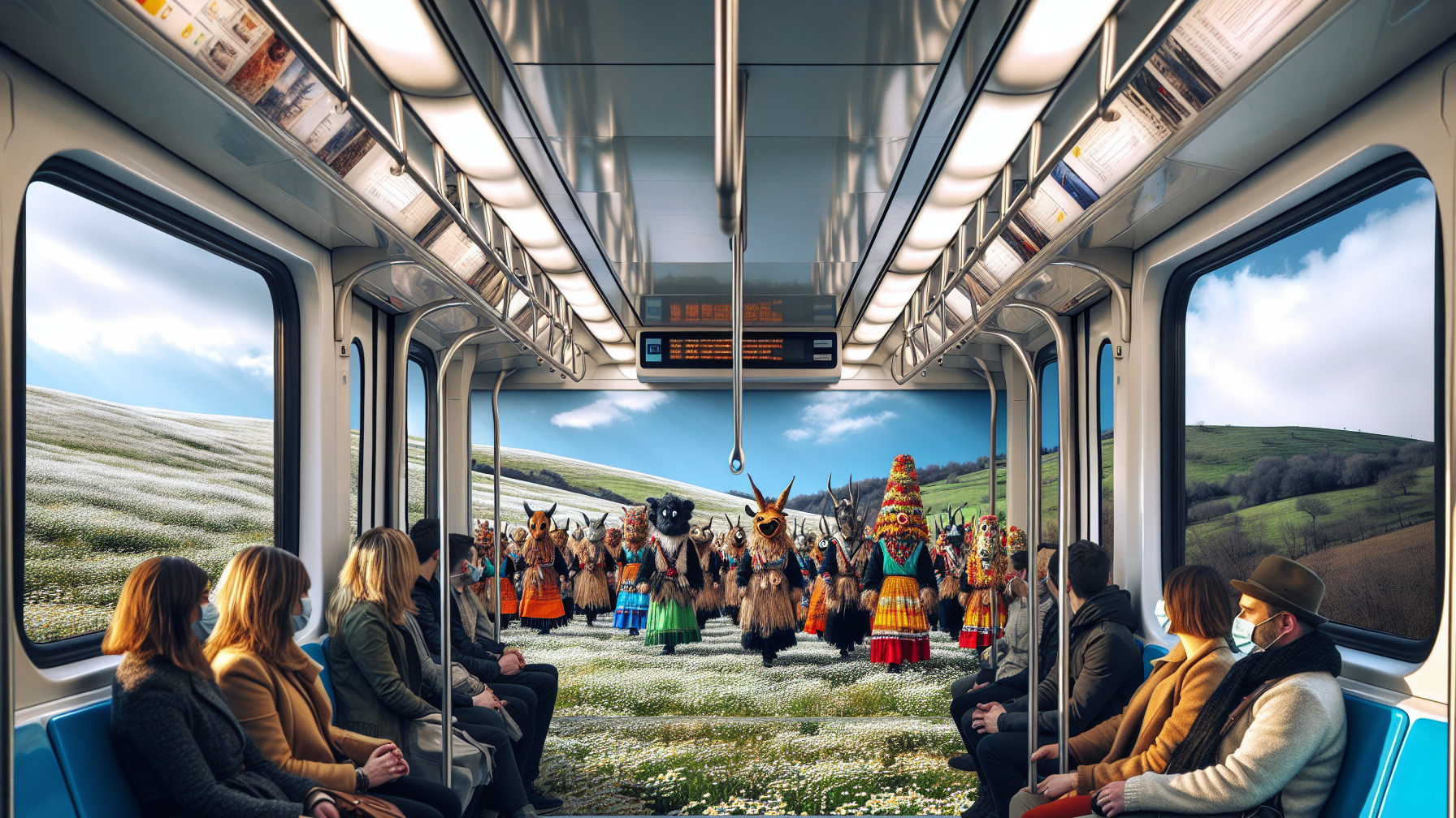 Subway Car Passengers Observe Colorful Dance Performance