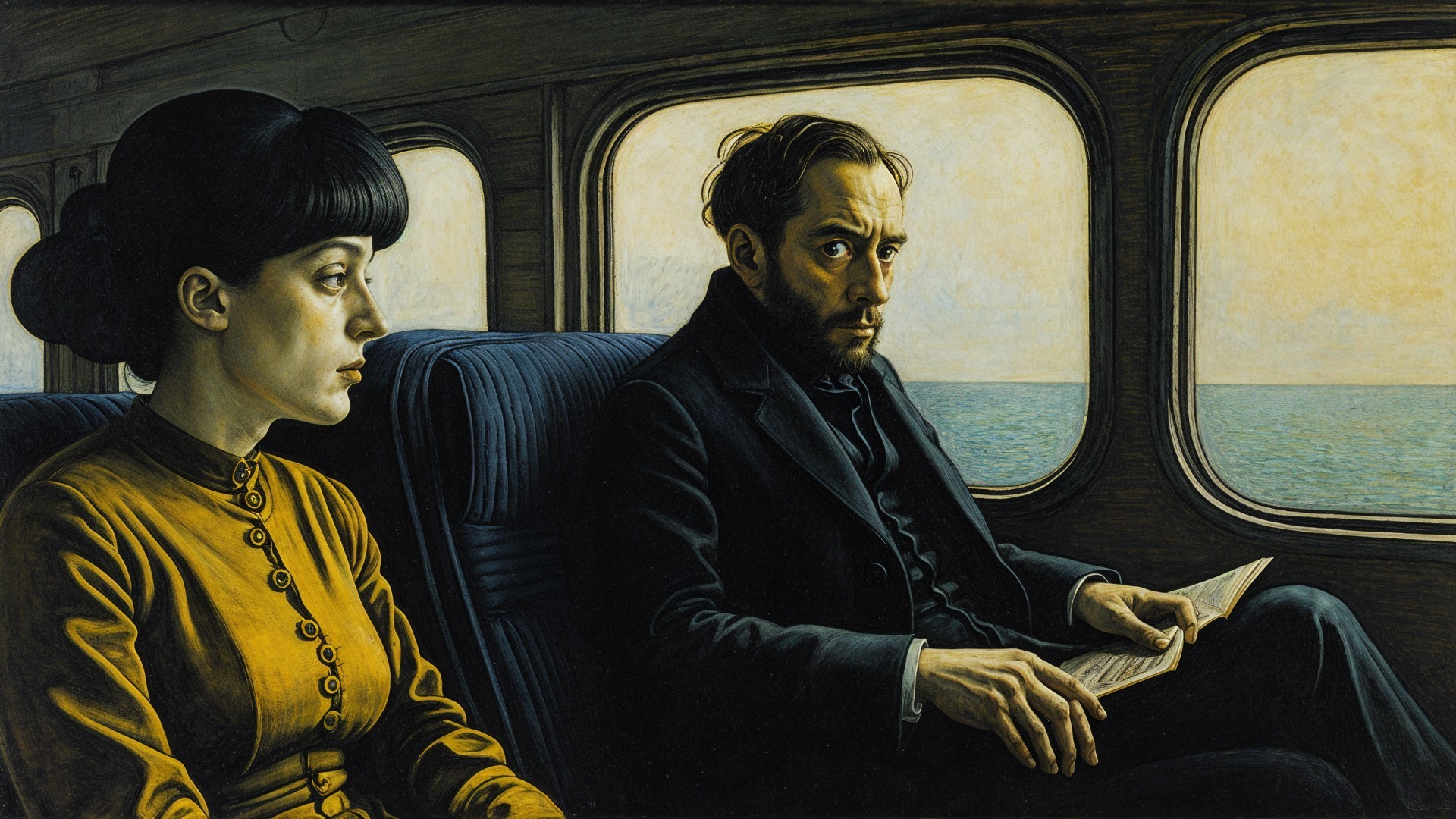 Contemplative Couple in Train Carriage by the Sea