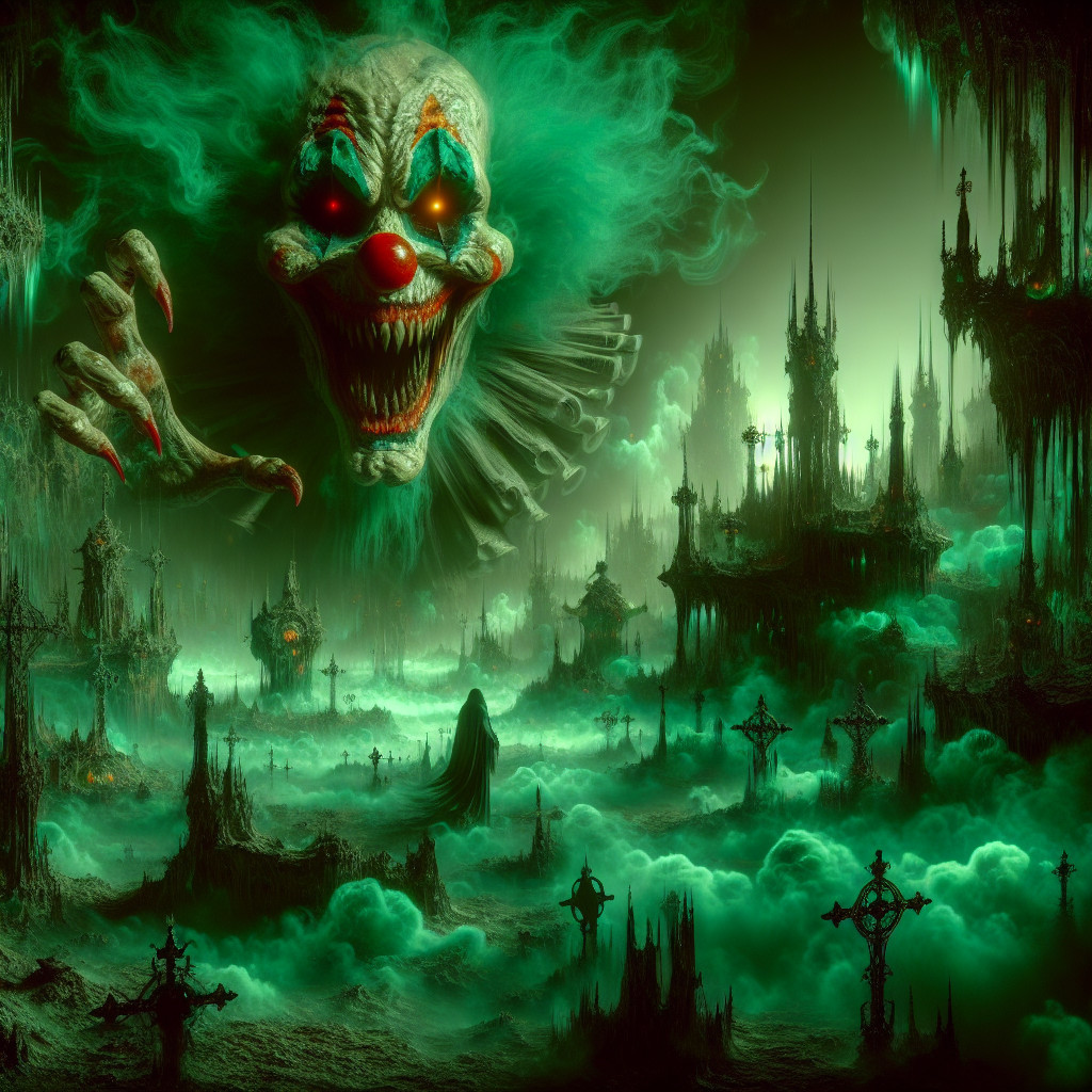 Menacing Clown in Dark Eerie Landscape with Mist