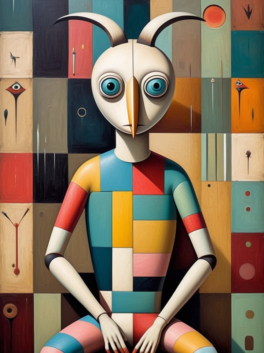 Surreal Figure Against Colorful Abstract Background