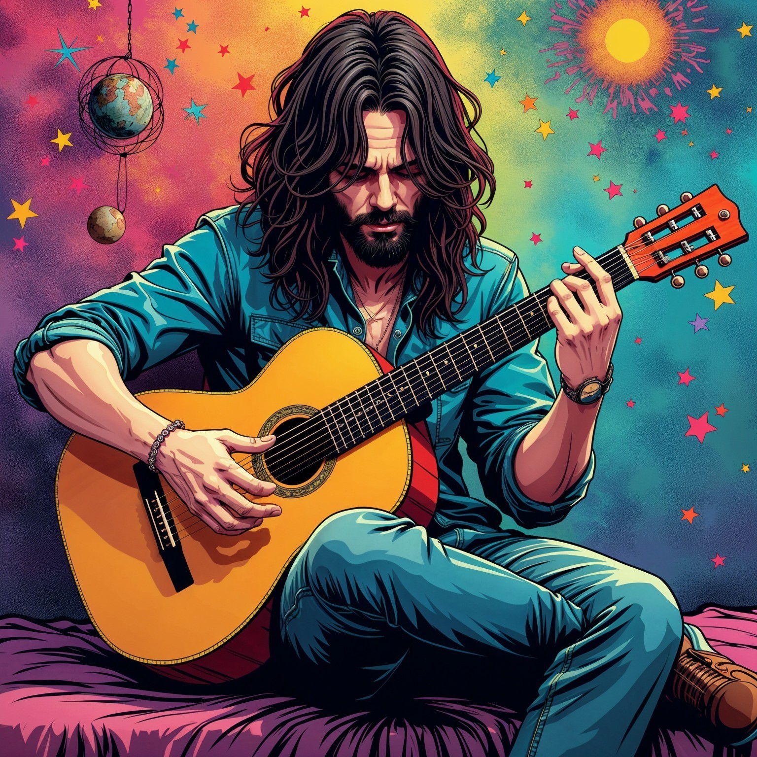 Man Playing Acoustic Guitar in Colorful Background