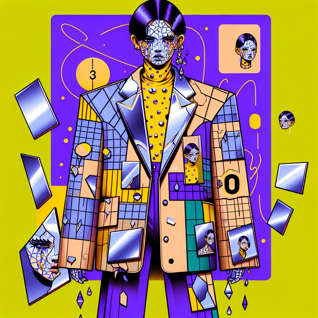 Stylized Figure in Oversized Blazer with Geometric Patterns