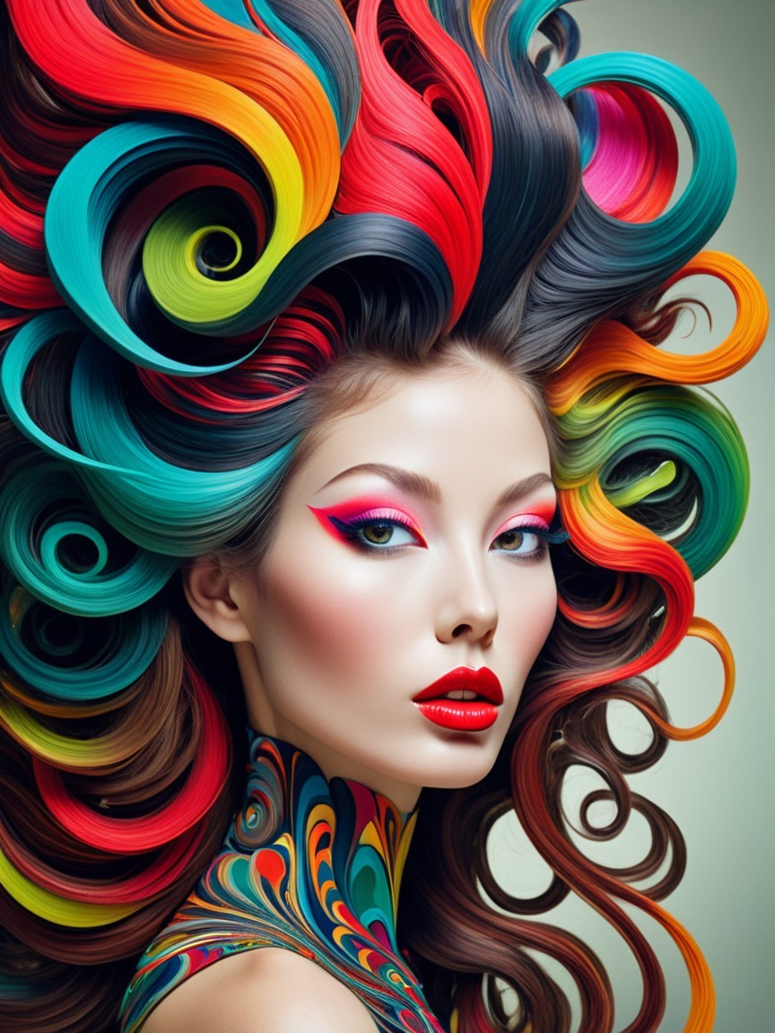 Model with Vibrant Rainbow Hairstyle and Bold Makeup