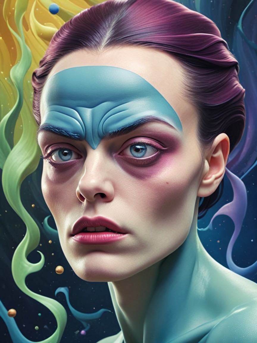 Portrait of a Person with Blue Skin and Cosmic Background