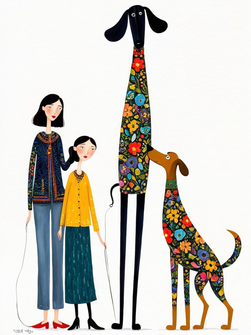 Women with Dogs in a Vibrant Floral Design