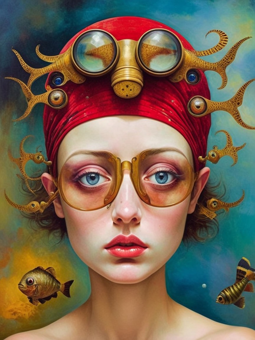 Surreal Portrait of a Woman with Fish in Vibrant Colors