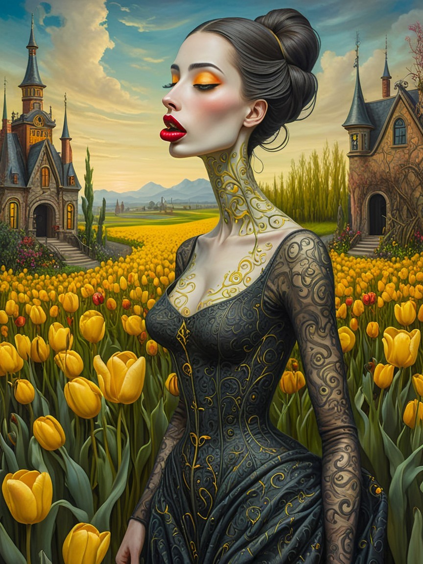 Elegant figure in black lace gown among tulips