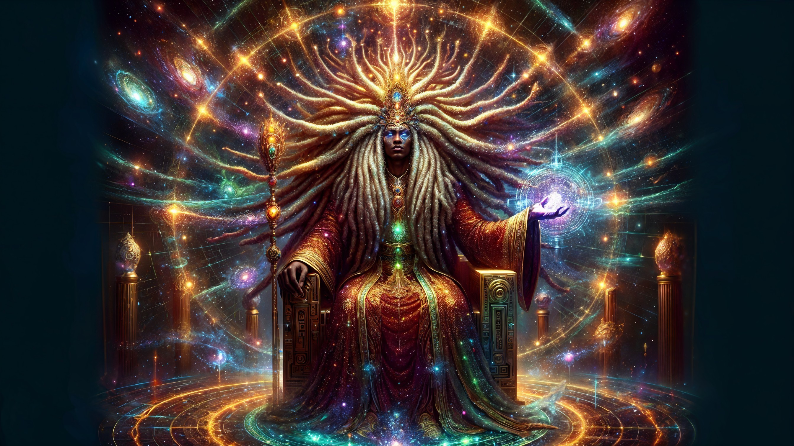 Majestic figure on celestial throne with cosmic patterns