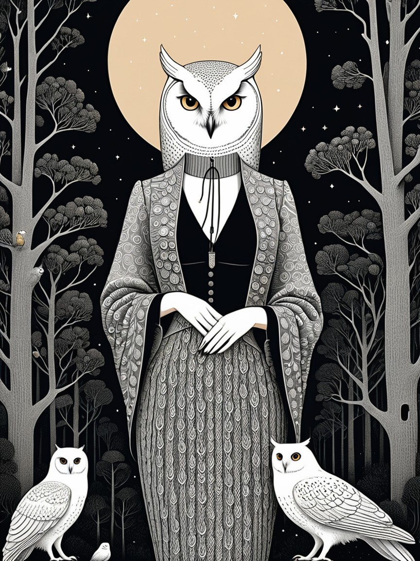 Owl-Headed Figure in Enchanted Forest Scene